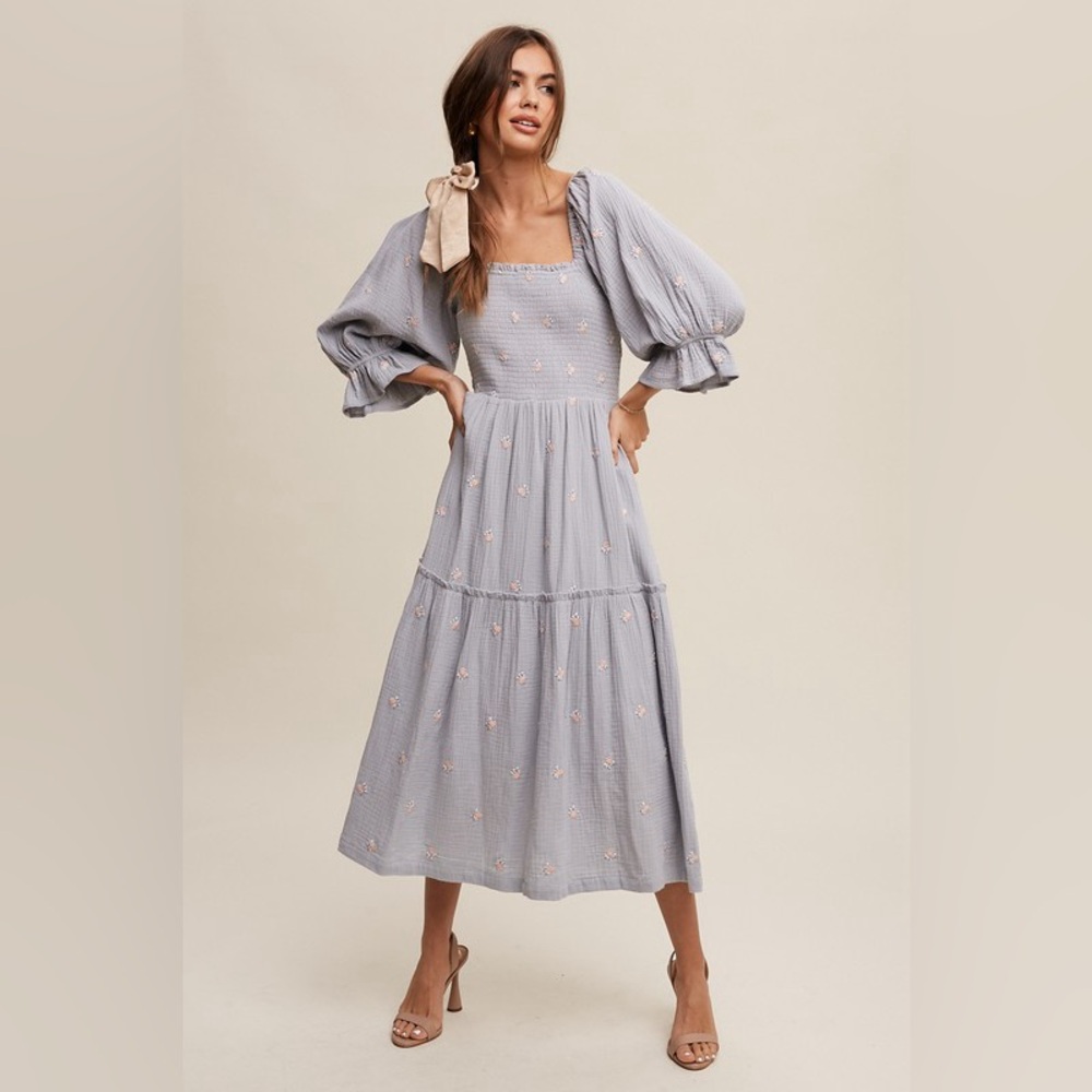 457. AT COST! 🛑LAST 1Grey blue Embroidered Cotton Maxi Dress Floral Puff Pockets - Picture 3 of 7